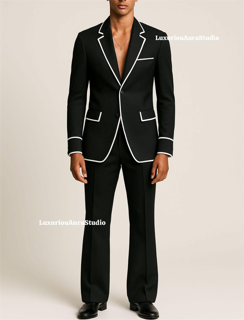 Men Formal Wear Black And White - デザイナーブラックメンズスーツセット 2ピース ブレザー+パンツ ホワイトストライプ カスタマイズフォーマルオフィスジャケット ウェディングタキシード