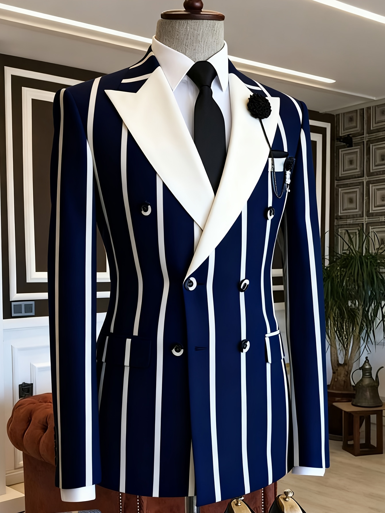 Men Formal Wear Outfits - メンズスリムフィットビジネスブレザー ダブルネイビーブレスト ストライプ装飾 ラペルフラワーブローチ フォーマルスーツジャケット ウェディング新郎