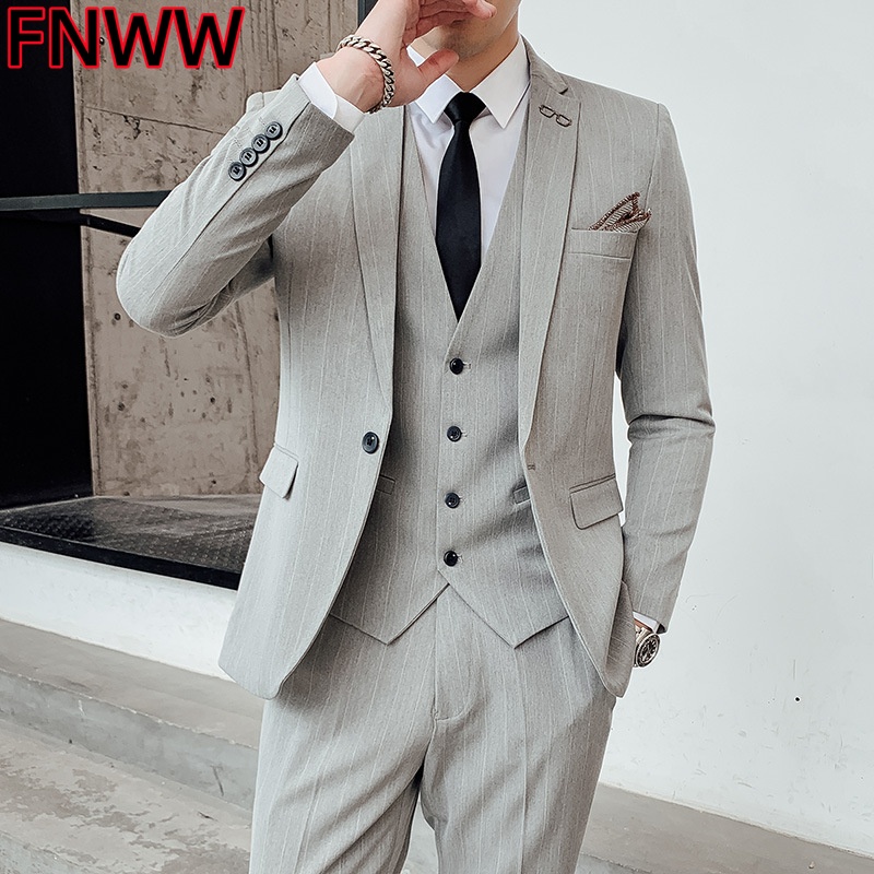 Men'S Urban Formal Wear - メンズ韓国風スリーピースチェック柄スーツ 結婚式 花婿介添人 フォーマルビジネススーツ おしゃれな都会的な春・秋の服装