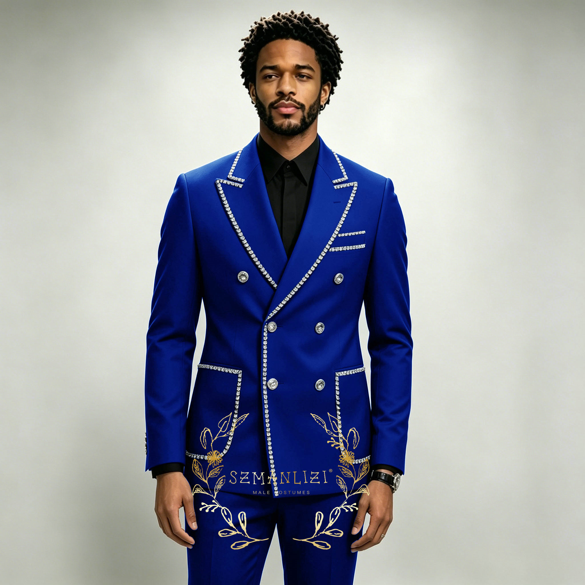 Men Formal Wear For Wedding - 高級メンズスーツ2ピース ロイヤルブルー クリスタル ピークドラペル ダブルブレスト グルーム