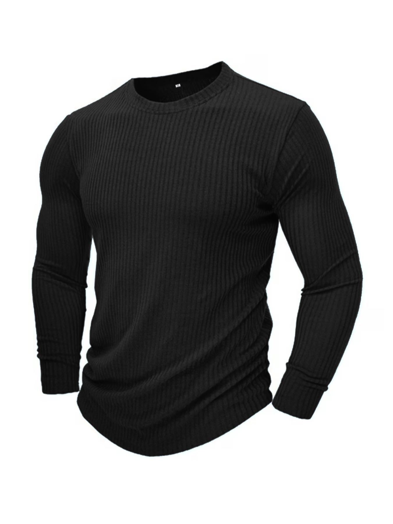 Men Formal Wear Shirts - メンズ ラウンドネック 長袖 ニットTシャツ 無地 プルオーバー