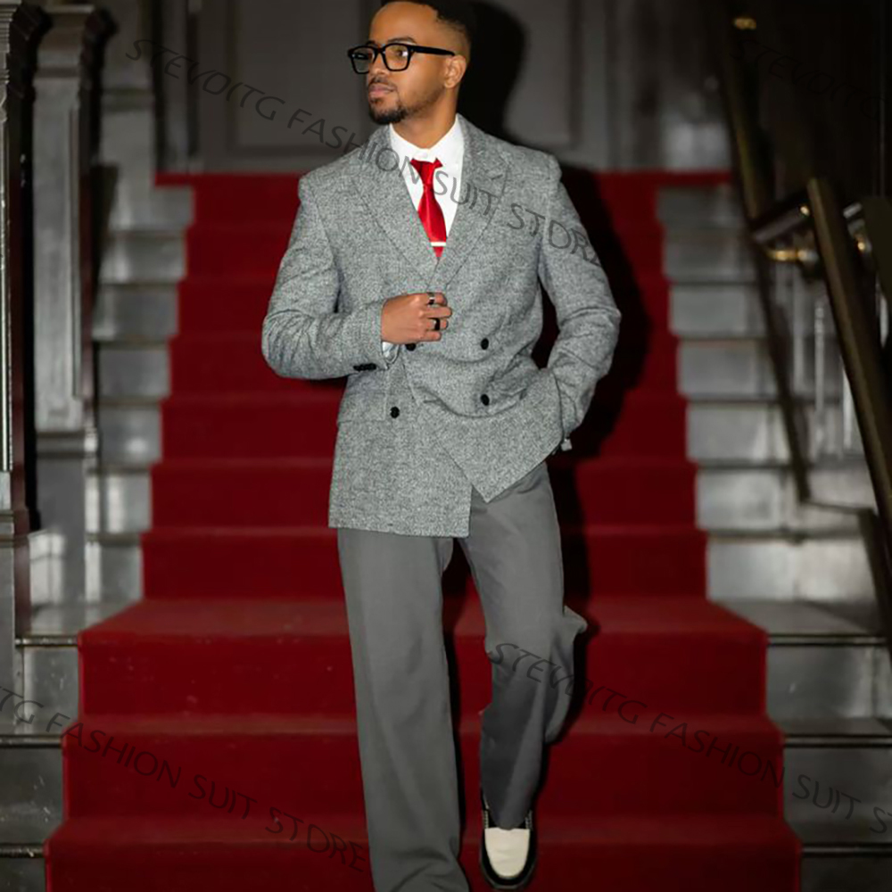 Men'S Formal Evening Wear - カジュアルな質感のあるメンズグレーダブルブレストスーツ、ピークドラペルジャケット+パンツ2ピースセット、イブニングプロムパーティー＆デイリーウェアに最適
