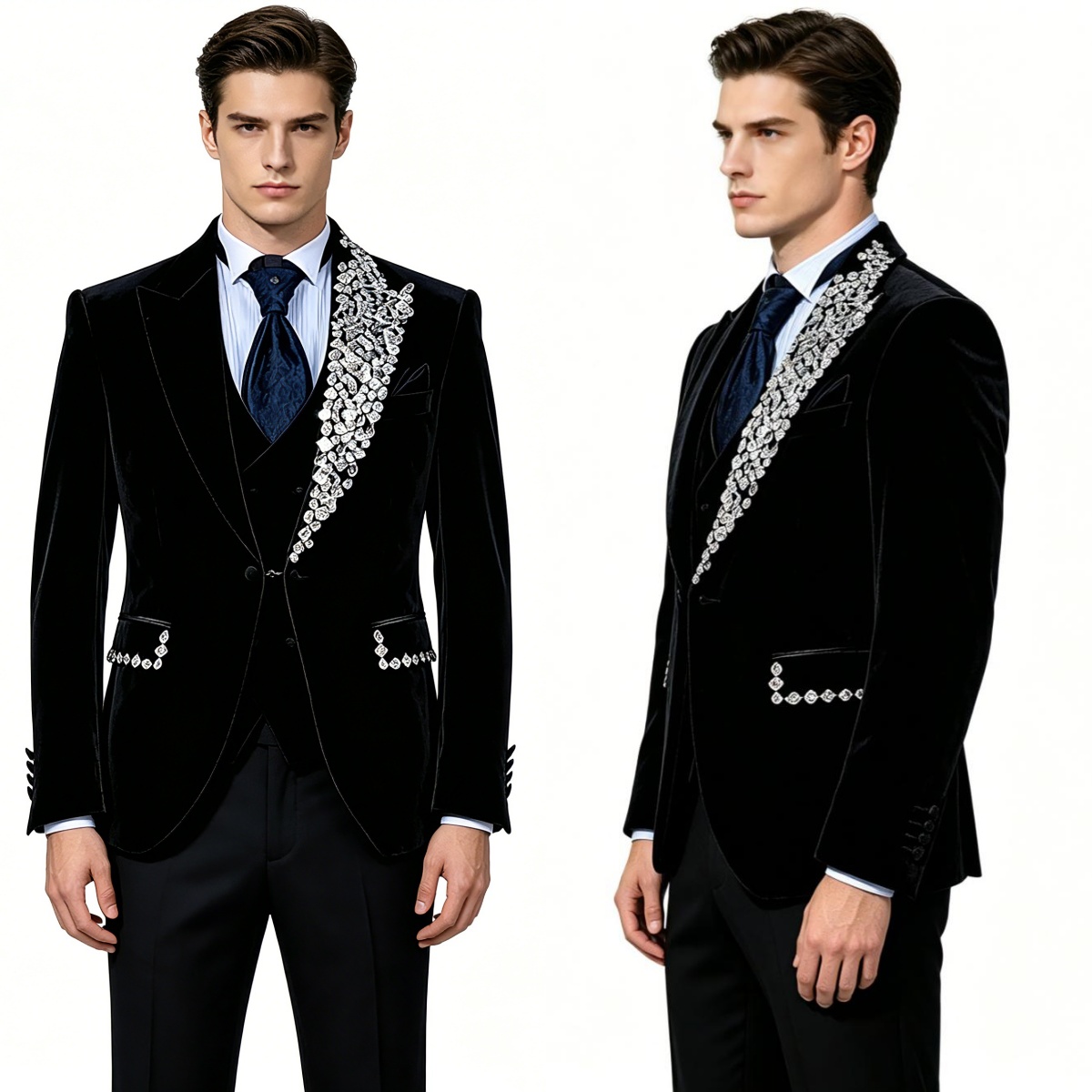 Men'S Formal Evening Wear - フォーマルウェディングタキシードベルベット2ピースセットプラスサイズメンズスーツクリスタルピークドラペルジャケットパンツグルームイブニングブレザーカスタムメイド
