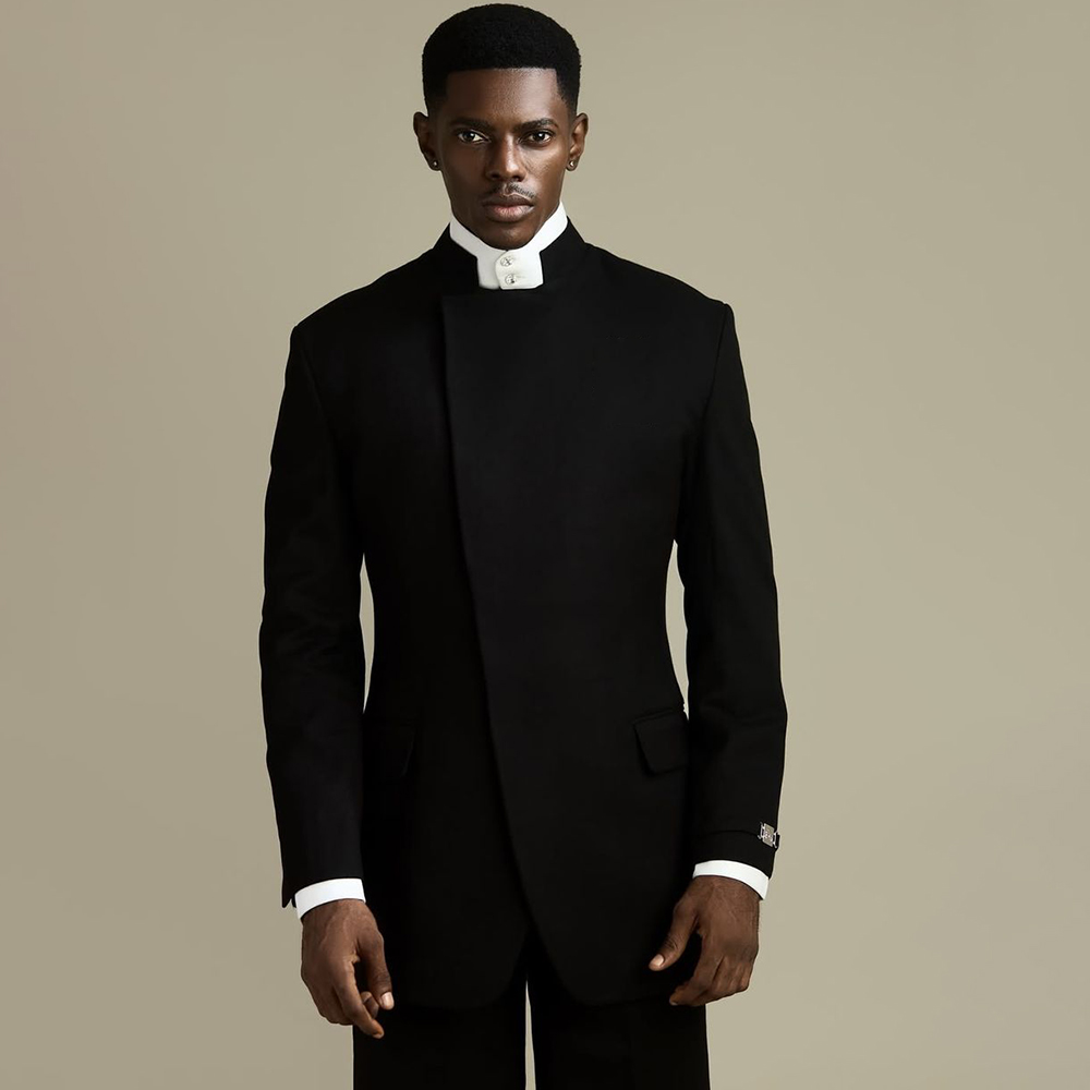 Men Formal Wear Outfits - エレガントな黒のメンズスーツ 2 ピースジャケットパンツ衣装フォーマルシングルブレストスタンドラペルスキニー服コスチュームオム
