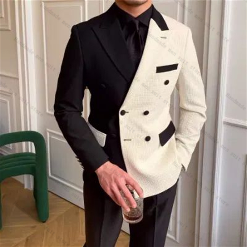 Men Formal Wear Black And White - 黒白男性スーツ 2 ピースブレザー + パンツロングラペル綿結婚式タキシードコートカスタマイズされたフォーマルオフィスジャケットズボン