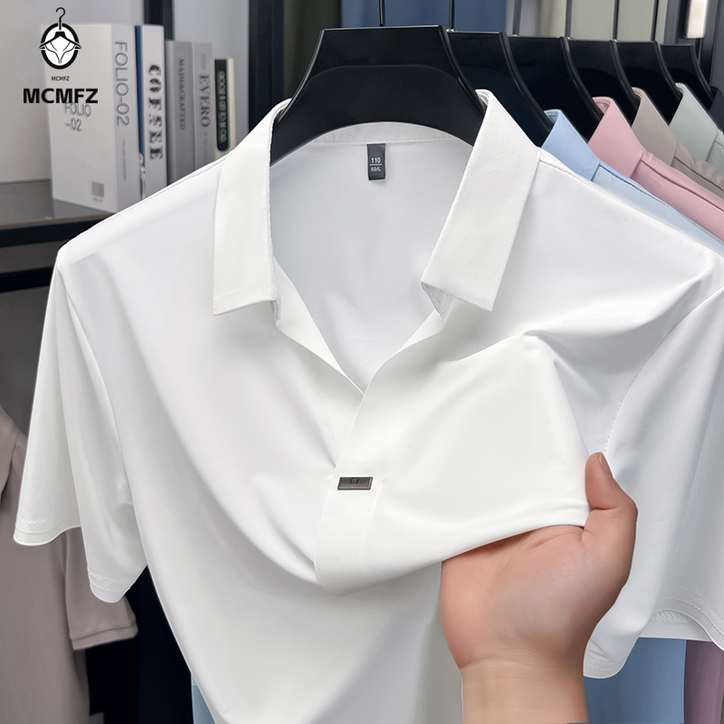 Men Formal Wear Shirts - シンプルな隠しボタン付きメンズフラットラペルシャツ、シングルメタルディテール、クールストレッチ、防しわ加工、夏用フォーマル、普段着