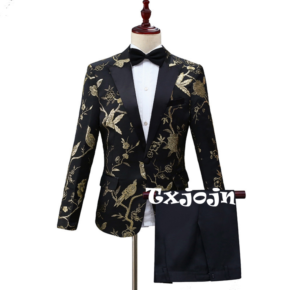 Men Formal Party Wear Outfit - 2026年新作 上品なジャカード織りスーツセット メンズダンスウェア2点セット ハンサムでクラシックなピークドラペル メンズタキシード 宴会パーティー衣装