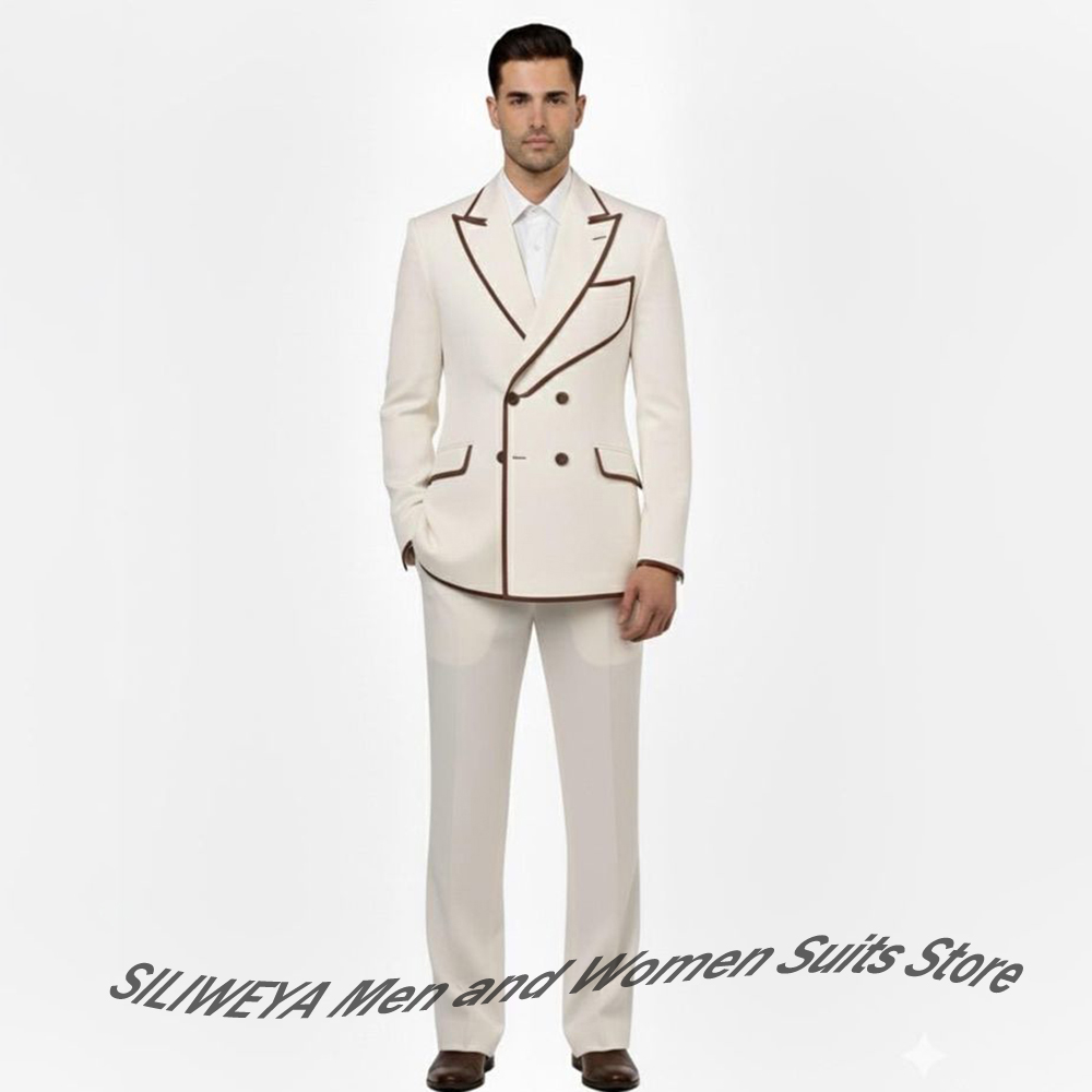 Men'S Formal Evening Wear - スタイリッシュなメンズダブルブレストスーツセット ブラウンパイピングトリムブレザー+トラウザーズ 2ピースセット 高級ウェディングイブニングテーラードフォーマルウェア