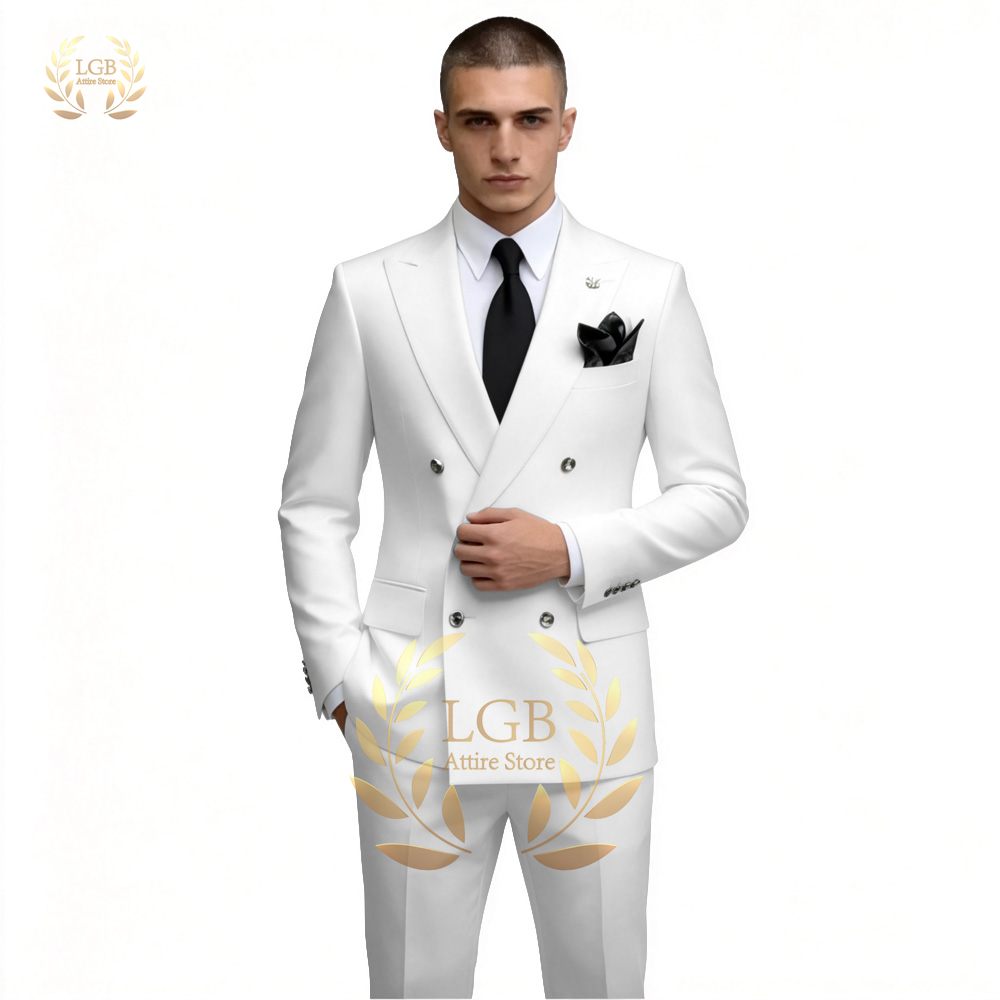 Men'S Formal Evening Wear - メンズホワイトダブルブレストスーツ2ピースセットスリムフィットブレザートラウザーズウェディンググルームプロムフォーマルウェアビジネスイブニングディナー