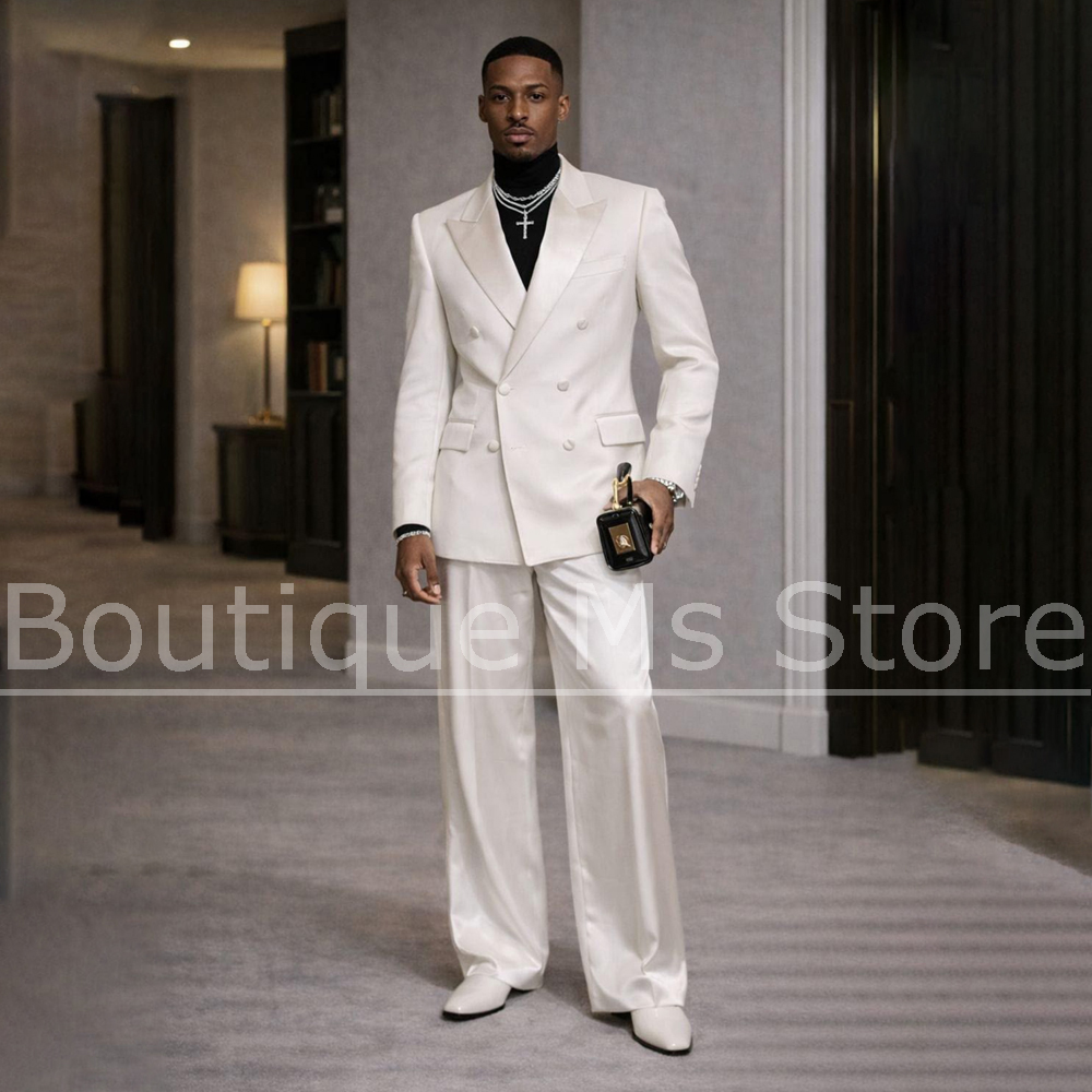 Men'S Formal Evening Wear - メンズホワイトサテンスーツ2ピースダブルブレストピークドラペルモダンスリムグルームウェディングプロムフォーマルイブニングパーティータキシード