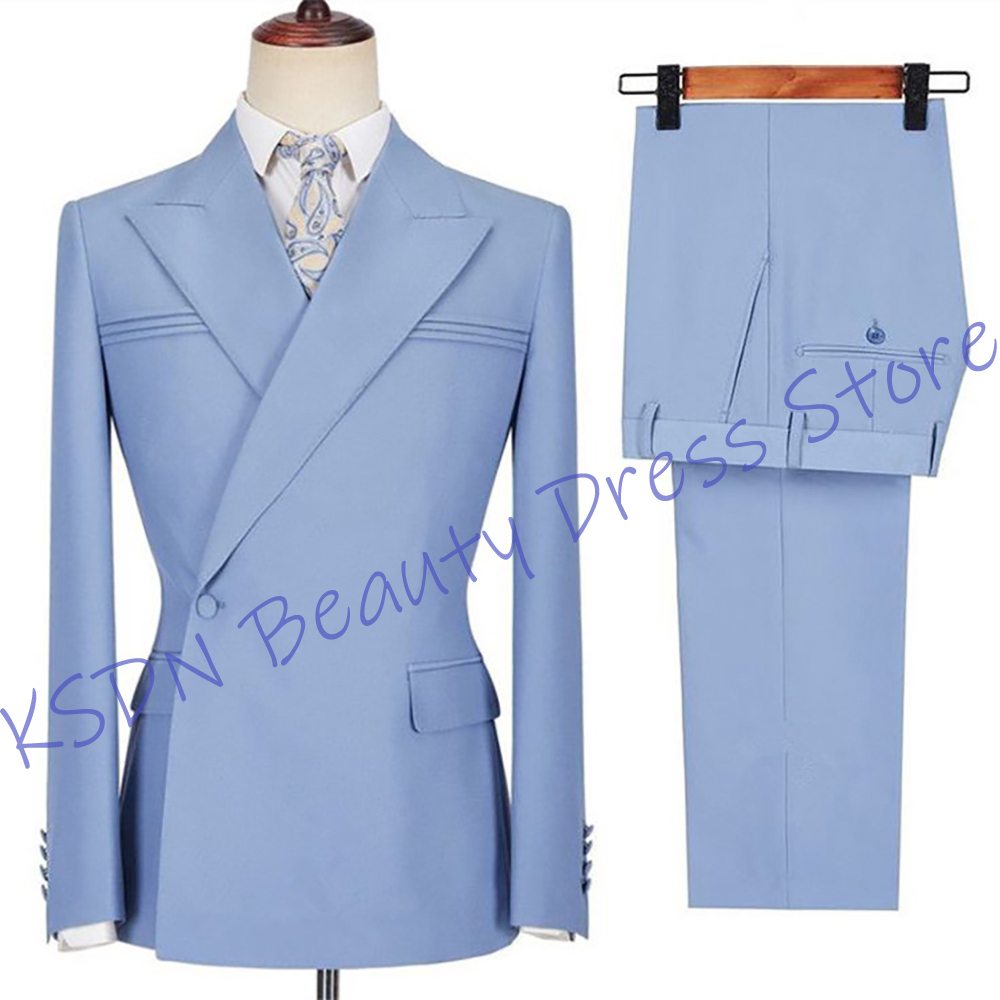 Elegant Formal Men'S Wear - エレガントなメンズスカイブルースーツ スリムフィット カジュアルビジネスジャケット+パンツセット 日常着 フォーマルイブニングパーティー プロム