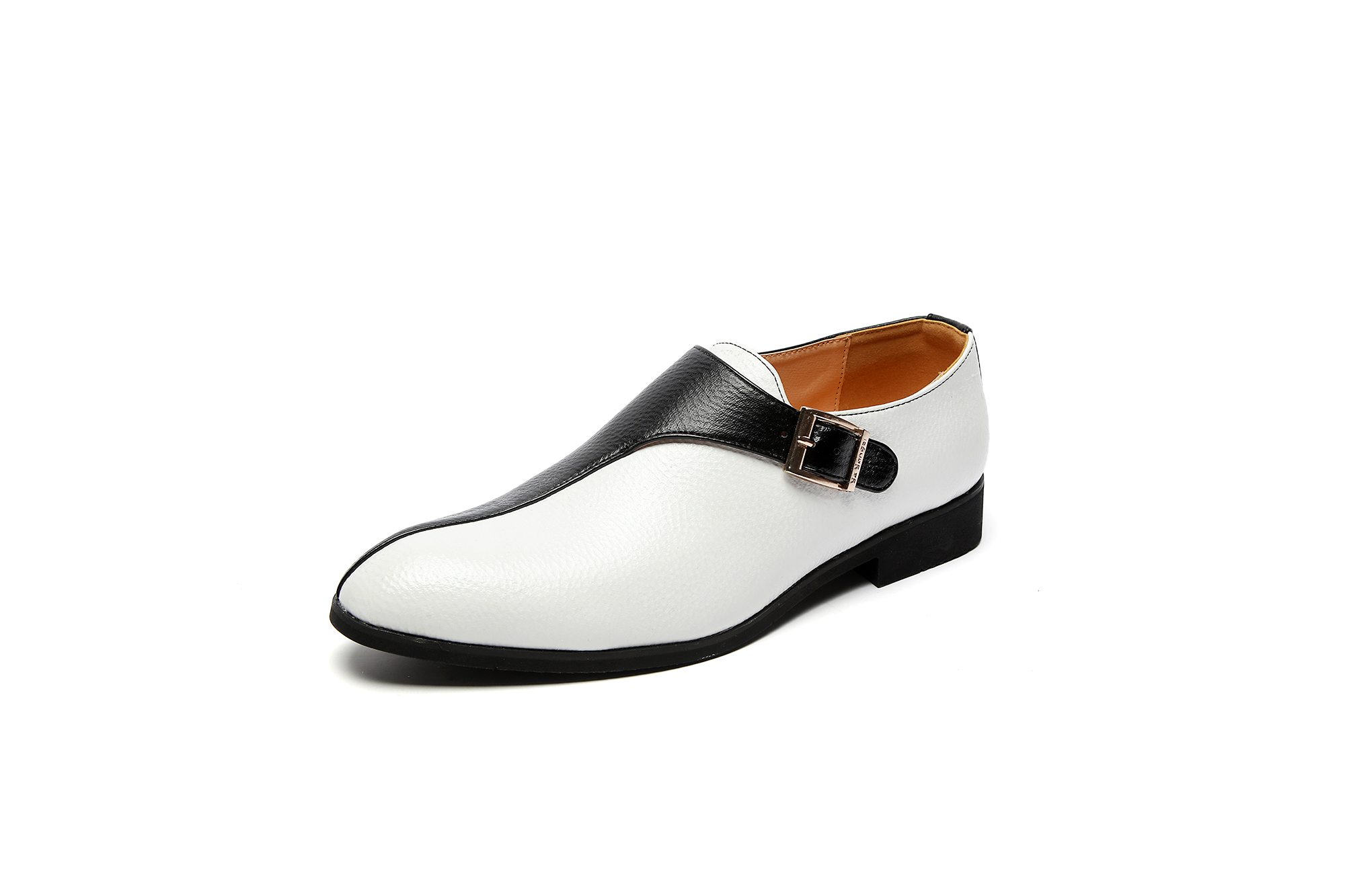 Men Formal Wear Black And White - クラシックな黒と白のパッチワークローファー メンズ PU ローヒール ラウンドトゥ バックル