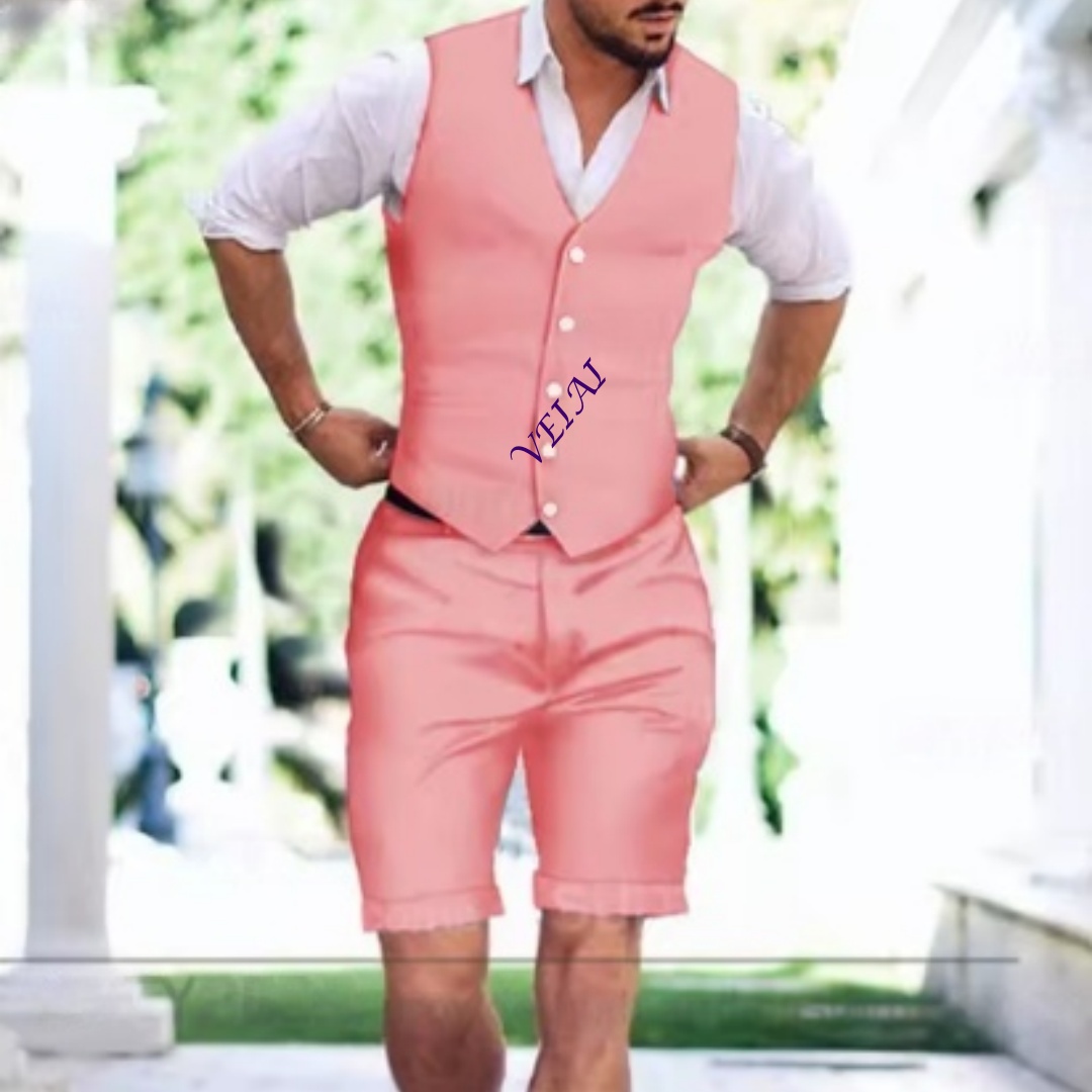 Men'S Holiday Formal Wear - カスタマイズされたクラシックなメンズスリムフィットカジュアルスーツセット - 無地のベストとショートパンツのツーピース夏休みウェア