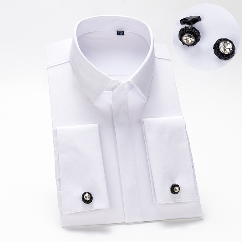 Men Formal Wear Shirts - メンズフレンチカフスボタンシャツ、メンズ長袖、高級感、竹繊維シルクのような滑らかさ、ノーアイロンフォーマルウェア、ウェディング用