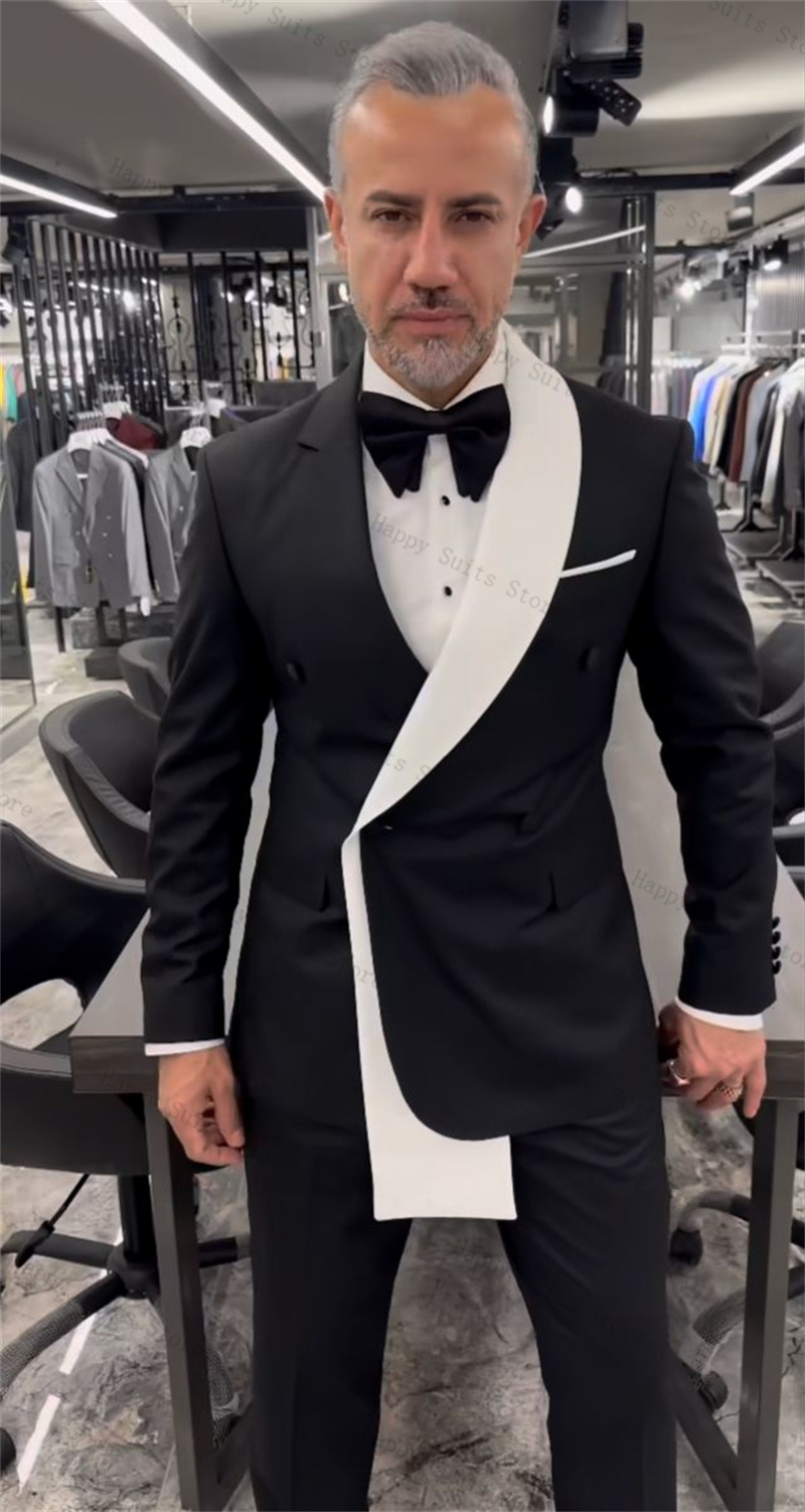 Men Formal Wear Black And White - 黒白男性スーツセット 2 ピースブレザー + パンツズボンダブルブレストコート結婚式のタキシードフォーマルオフィスカスタマイズされたジャケット
