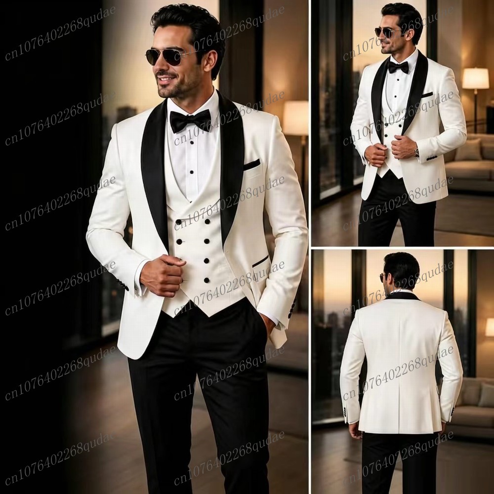 Men Formal Wear Black And White - 白と黒のフォーマルメンズスーツ、結婚式、新郎、花婿の付添人、男性用タキシード、新郎衣装、3ピースセット、ブレザー、ベスト、パンツ