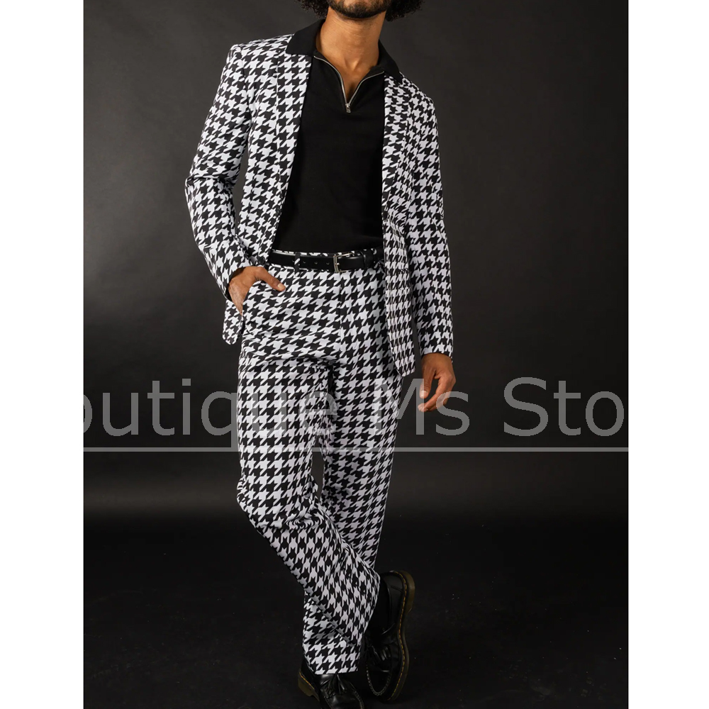 Men Formal Wear Black And White - 黒白千鳥格子柄メンズスーツ スリムフィットブレザーパンツセット ファッションパターン フォーマルパーティーウェア スタイリッシュカジュアルビジネススーツ