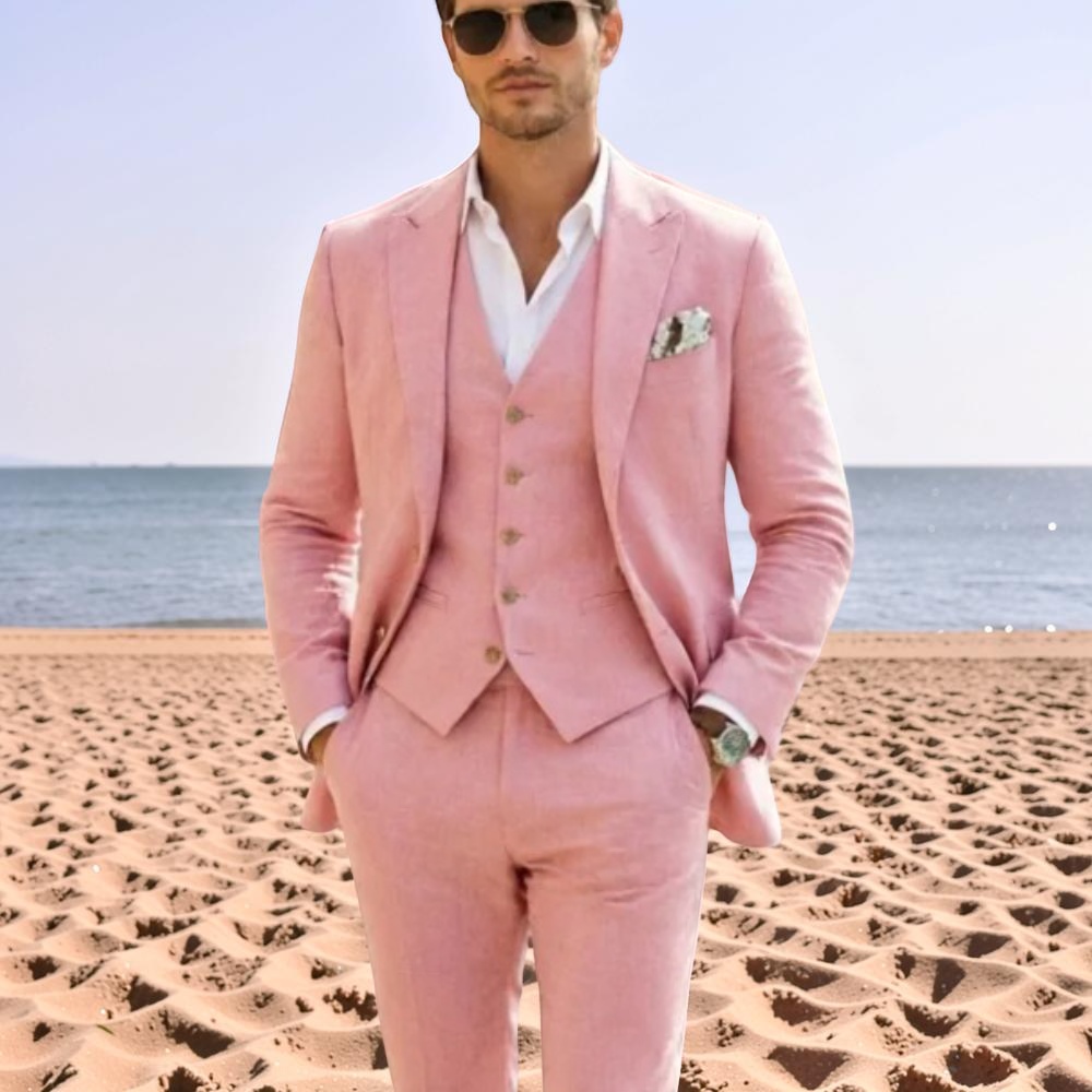 Men'S Holiday Formal Wear - ピンクのリネンメンズウェディングタキシード3ピーススーツ、夏用通気性フォーマルイベント、宴会、ビーチホリデー、スリムフィット、2026年向け