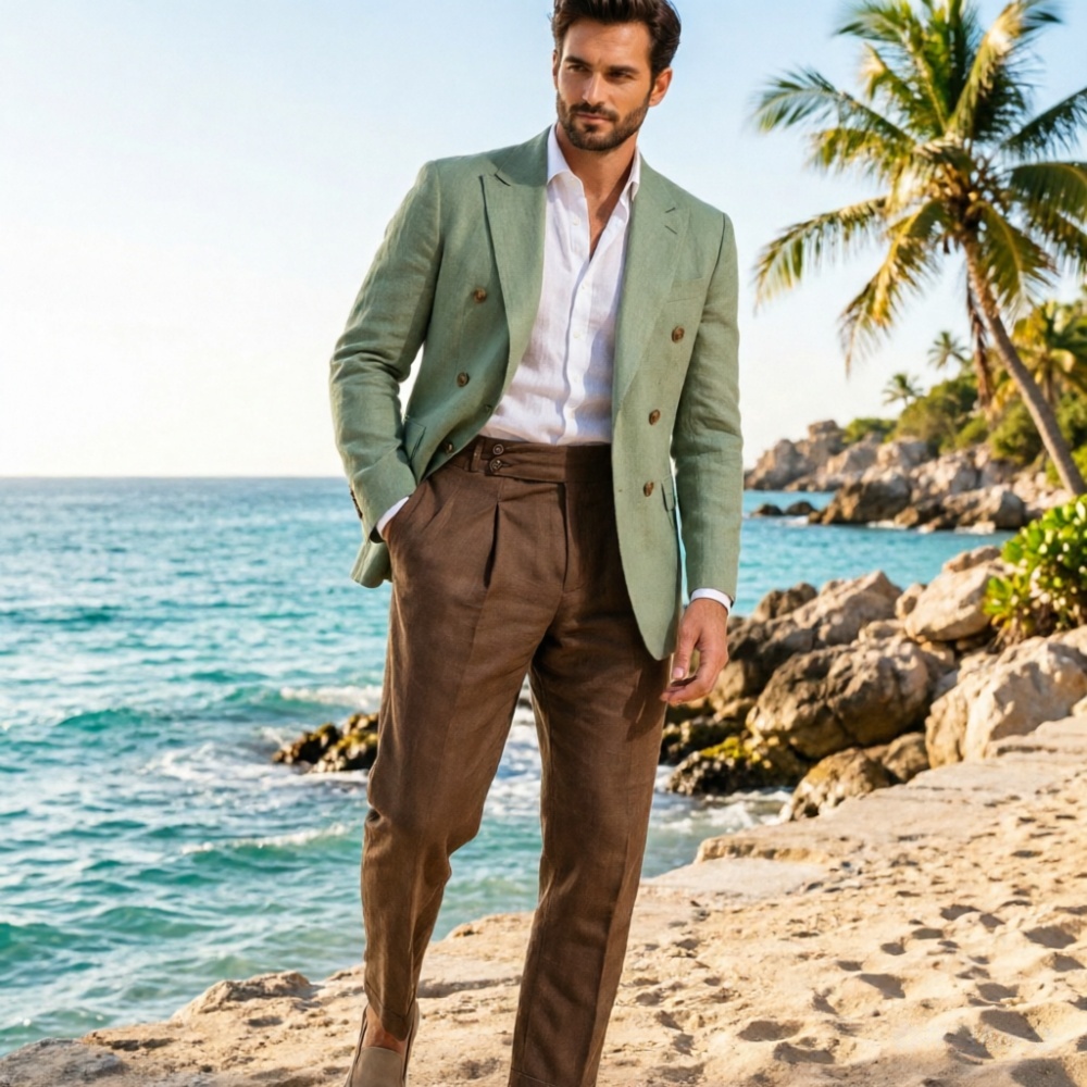 Men'S Holiday Formal Wear - 2ピースベージュリネンメンズダブルブレストスーツ エレガントな新郎衣装 ソリッドカラー フォーマルイベント、パーティー、休日、旅行、カジュアルに最適