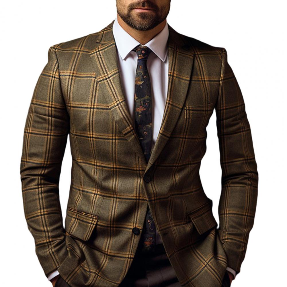Men Formal Wear Outfits - メンズスーツコート フォーマル ビジネススタイル スリムフィット チェック柄プリント 長袖