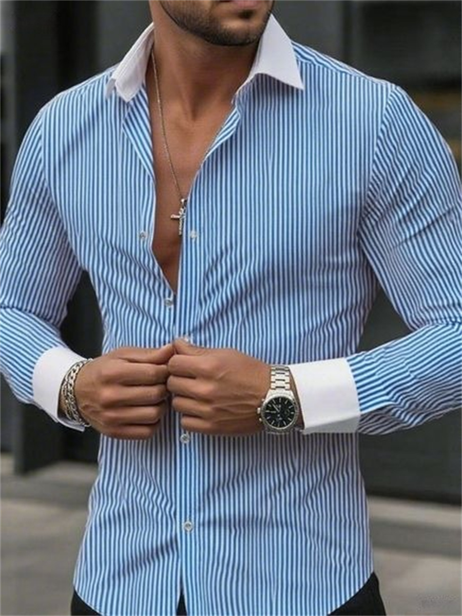 メンズスリムフィットストライプラペル長袖フォーマルシャツカラ - Men Formal Wear Shirts のレビューと価格