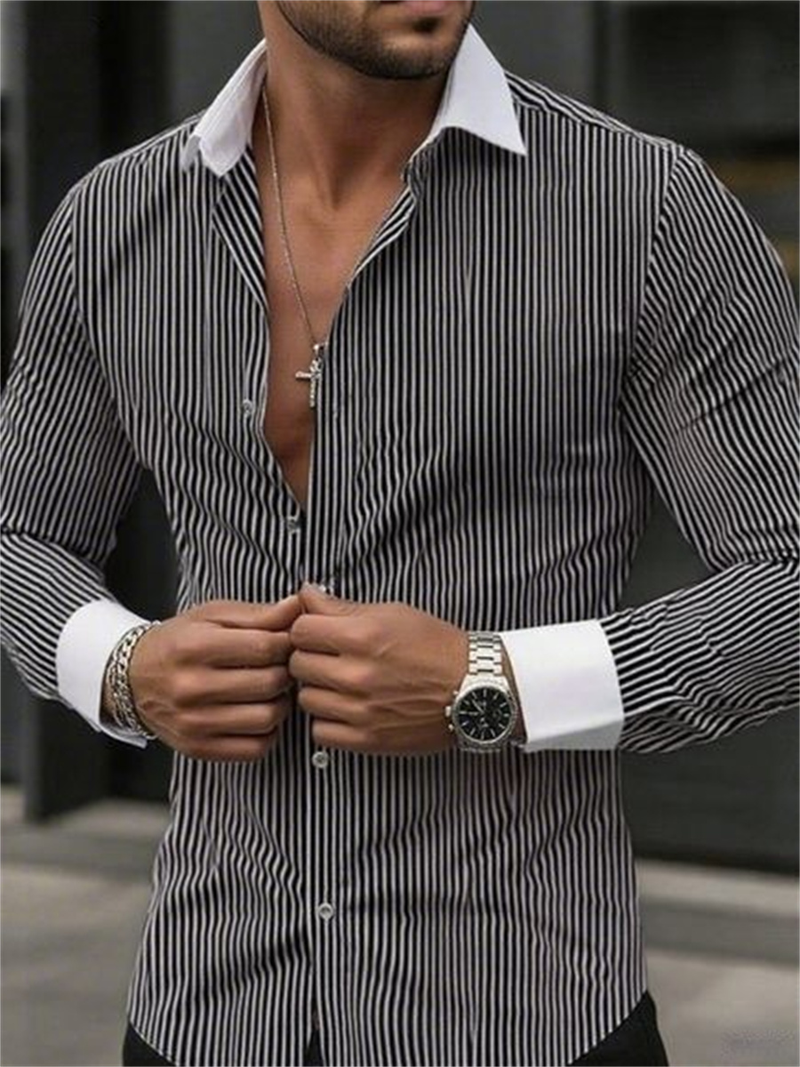 メンズスリムフィットストライプラペル長袖フォーマルシャツカラ - Men Formal Wear Shirts のレビューと価格