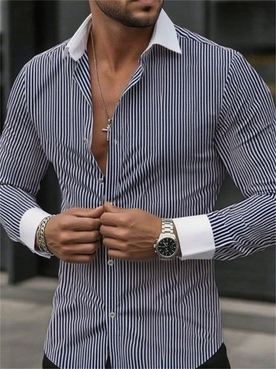 メンズスリムフィットストライプラペル長袖フォーマルシャツカラ - Men Formal Wear Shirts のレビューと価格