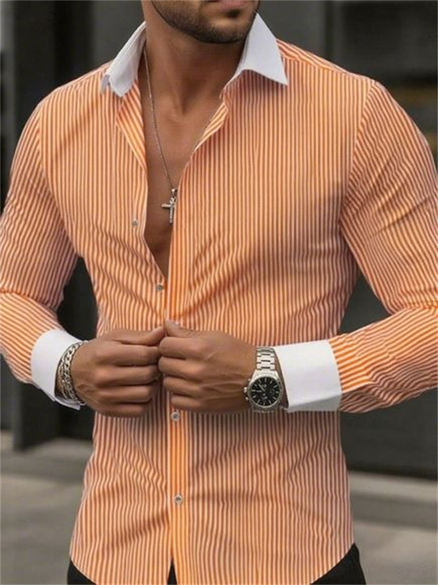 メンズスリムフィットストライプラペル長袖フォーマルシャツカラ - Men Formal Wear Shirts のレビューと価格