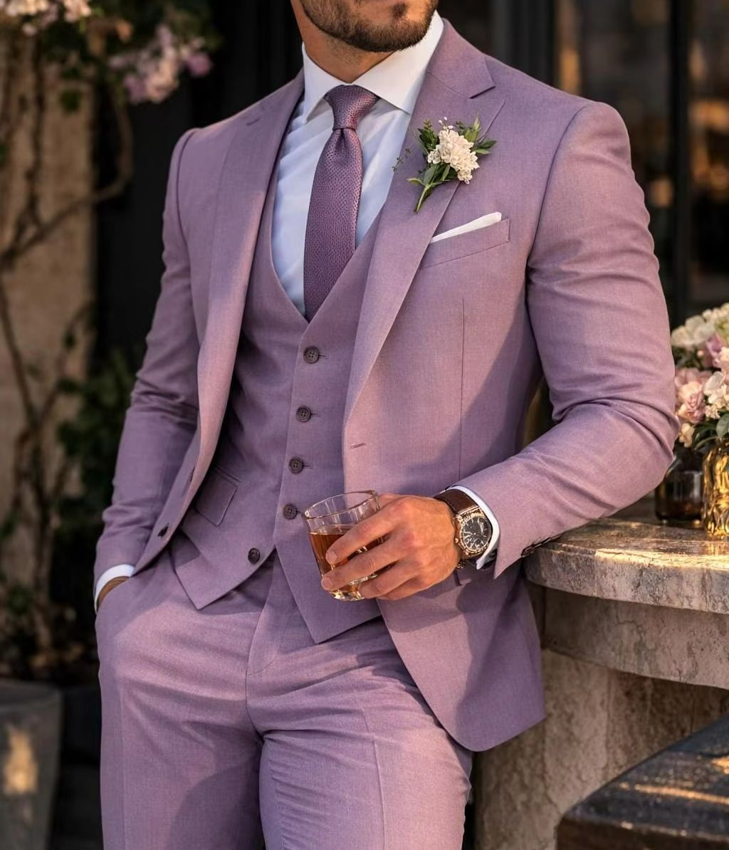 ラベンダー 3 ピースメンズスーツ ライラック スリムフィッ - Men Formal Wear Outfits のレビューと価格