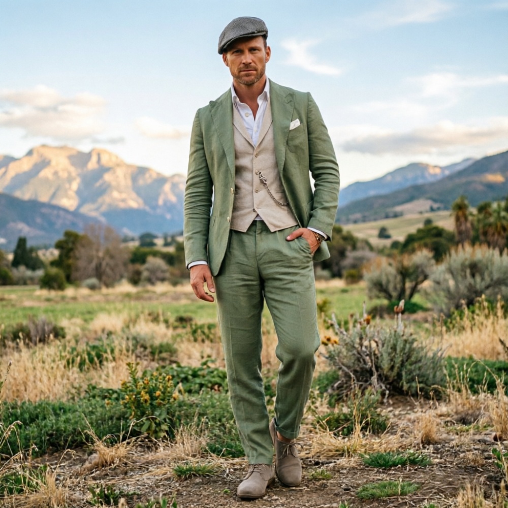 セージグリーンのリネンメンズ3ピーススーツ、通気性のあるスリ - Men Formal Party Wear Outfit のレビューと価格