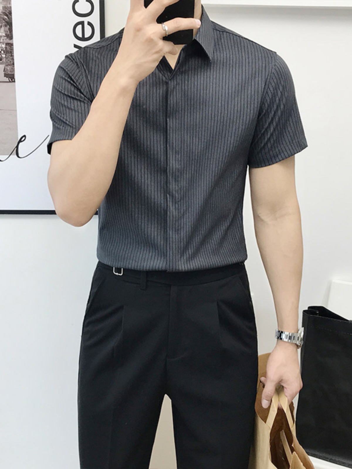 スリムフィットストライプ柄半袖シャツ男性用ファッショナブルな - Men'S Urban Formal Wear のレビューと価格