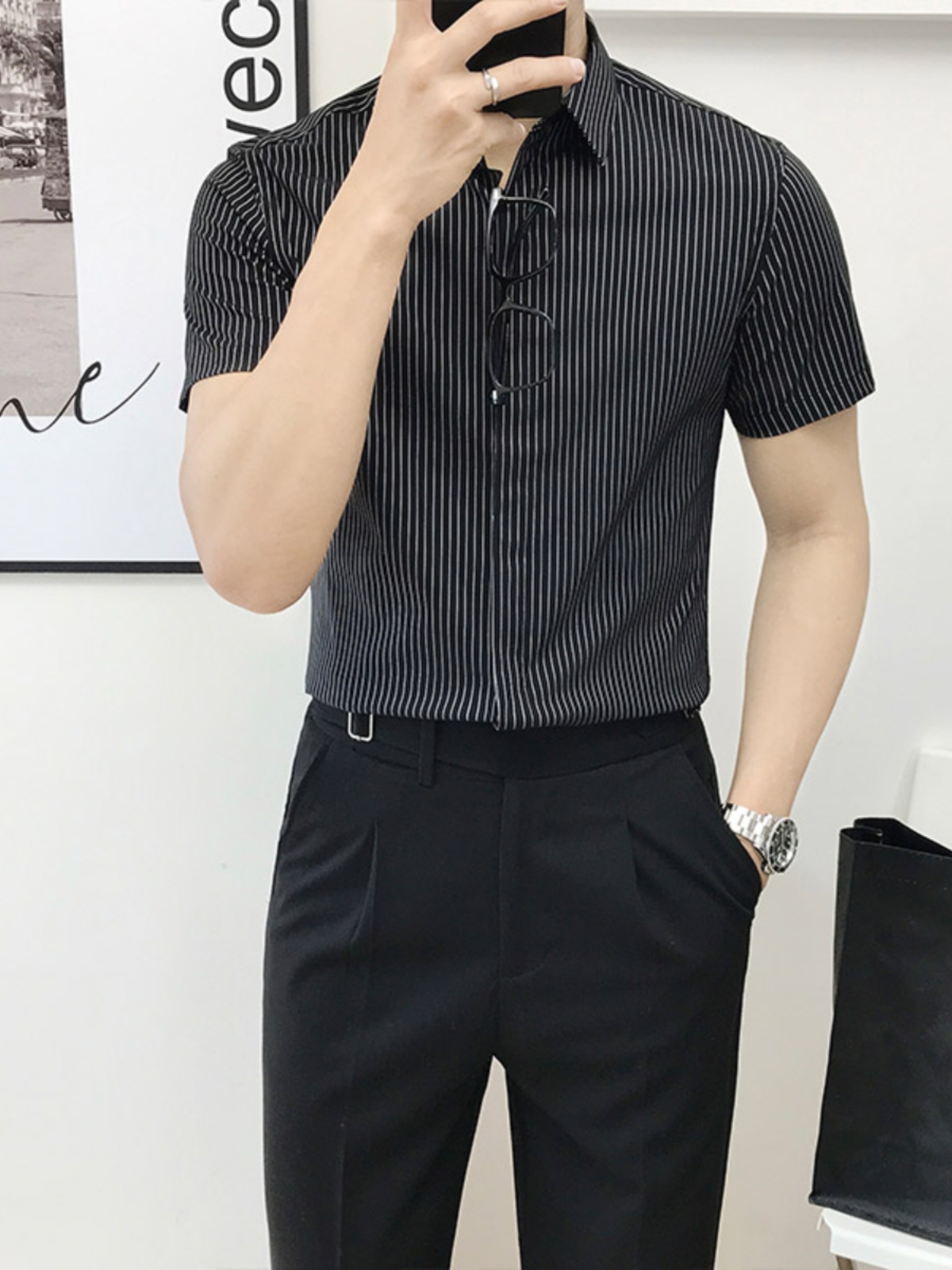 スリムフィットストライプ柄半袖シャツ男性用ファッショナブルな - Men'S Urban Formal Wear のレビューと価格