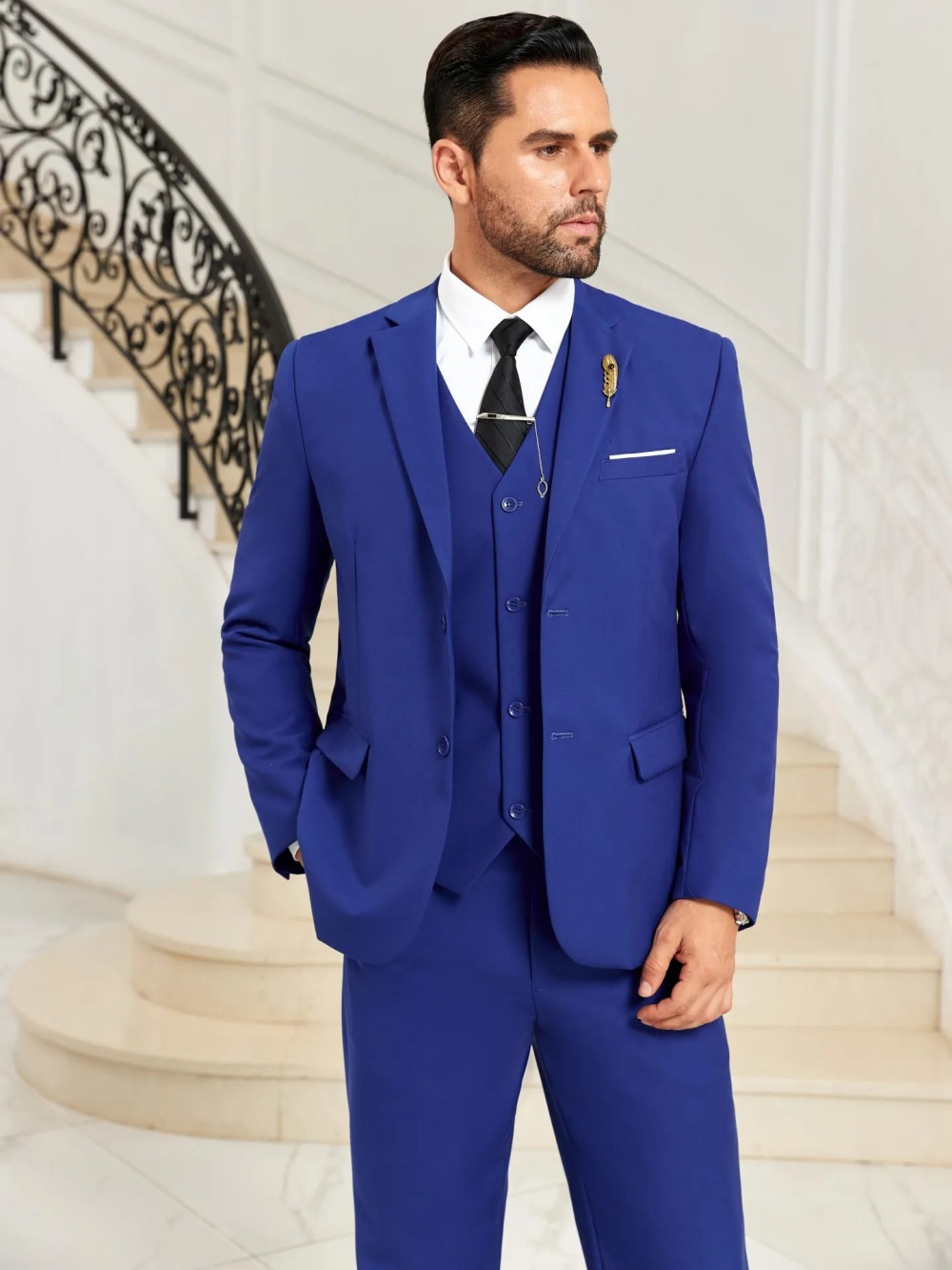 新作ブルーメンズスリムフィットスーツ3ピースビジネススーツノ - Men Formal Party Wear Outfit のレビューと価格