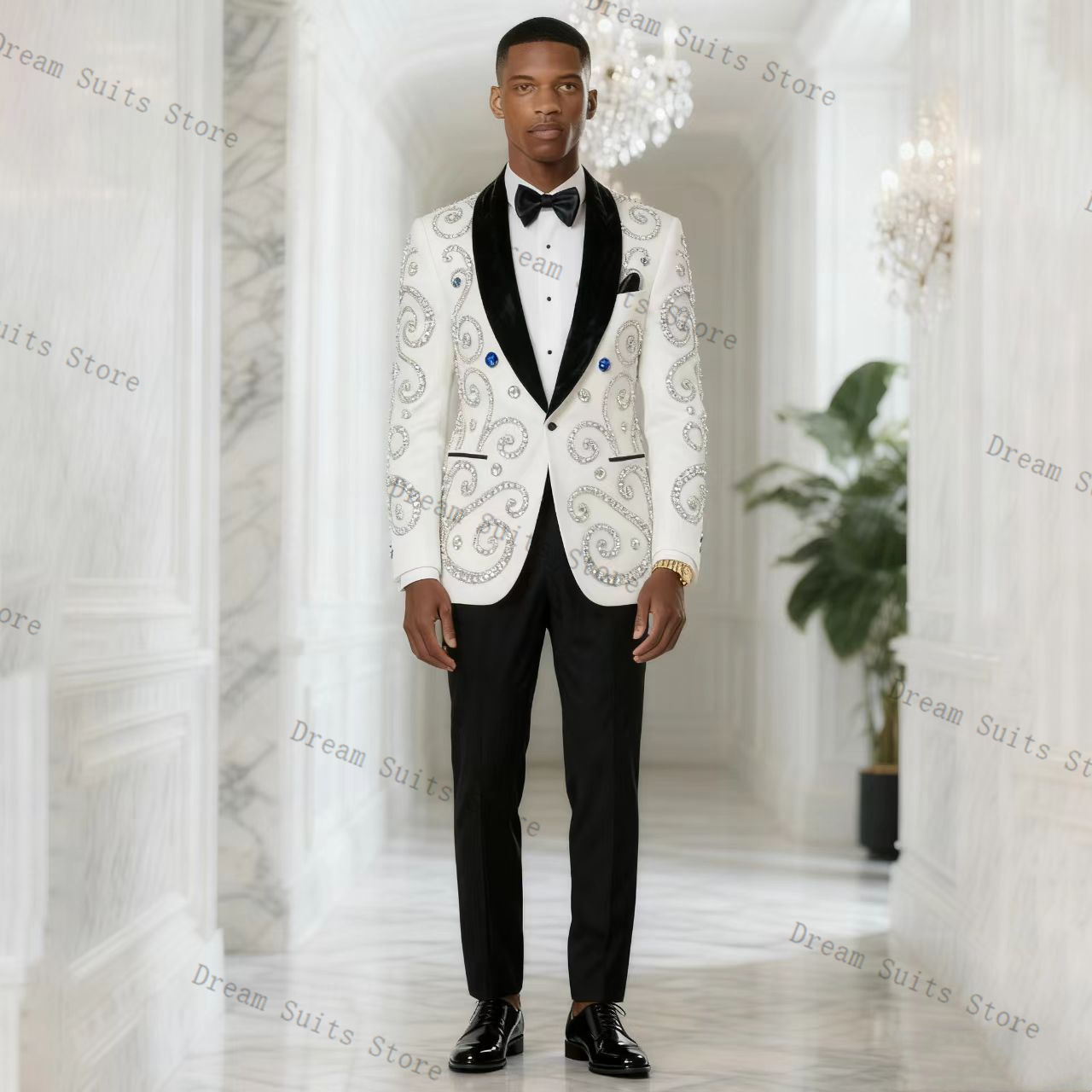 白人男性スーツセット 2 ピースブレザー + 黒パンツズボン - Men Formal Wear Black And White のレビューと価格