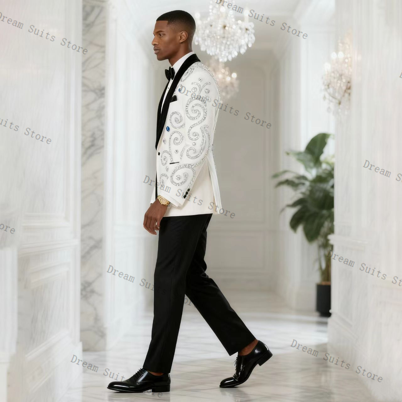 白人男性スーツセット 2 ピースブレザー + 黒パンツズボン - Men Formal Wear Black And White のレビューと価格