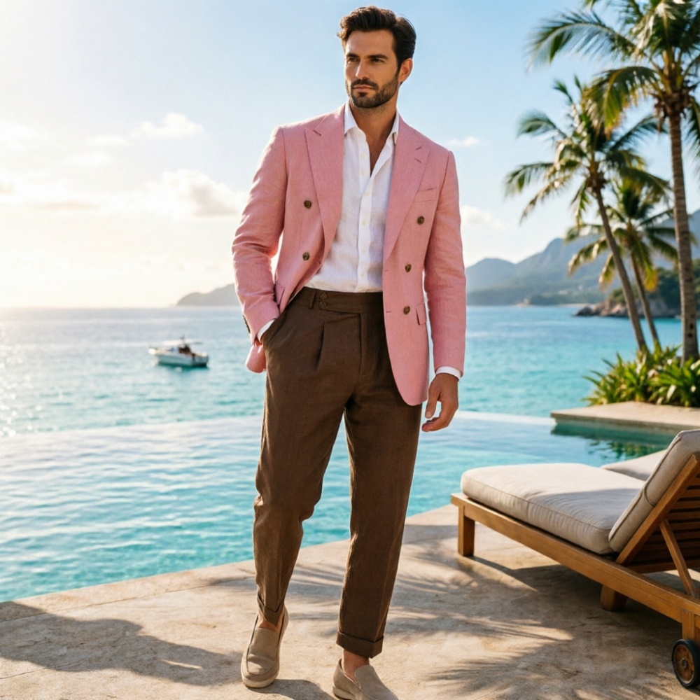 2ピースベージュリネンメンズダブルブレストスーツ エレガント - Men'S Holiday Formal Wear のレビューと価格