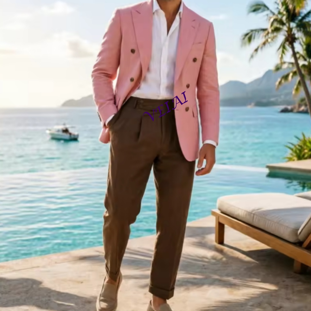 カスタムメイド2ピースベージュリネンメンズダブルスーツ エレ - Elegant Formal Men'S Wear のレビューと価格